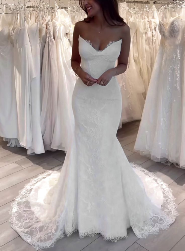 Mermaid V Neck Lace Long Wedding Dresses, Elegant Wedding Dress        fg7180