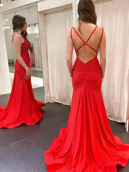 Marlee |Mermaid V Neck Beaded Jersey Prom Dress