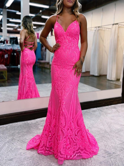 V Neck Pink Glitter Backless Mermaid Bodycon Long Prom Dress