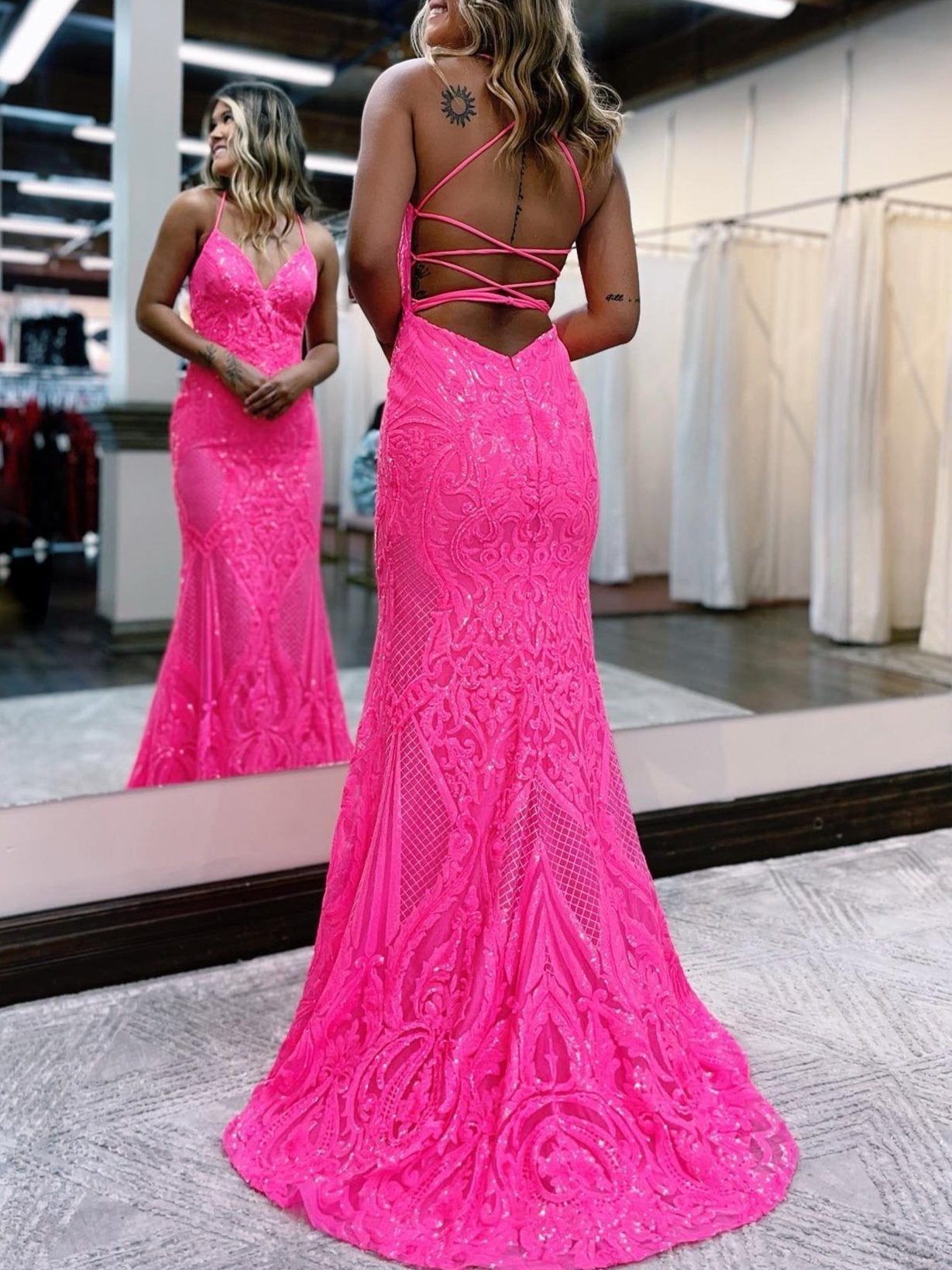 V Neck Pink Glitter Backless Mermaid Bodycon Long Prom Dress