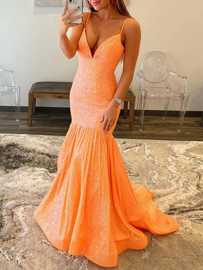 Amaris |Mermaid Orange V Neck Sequins Prom Dress