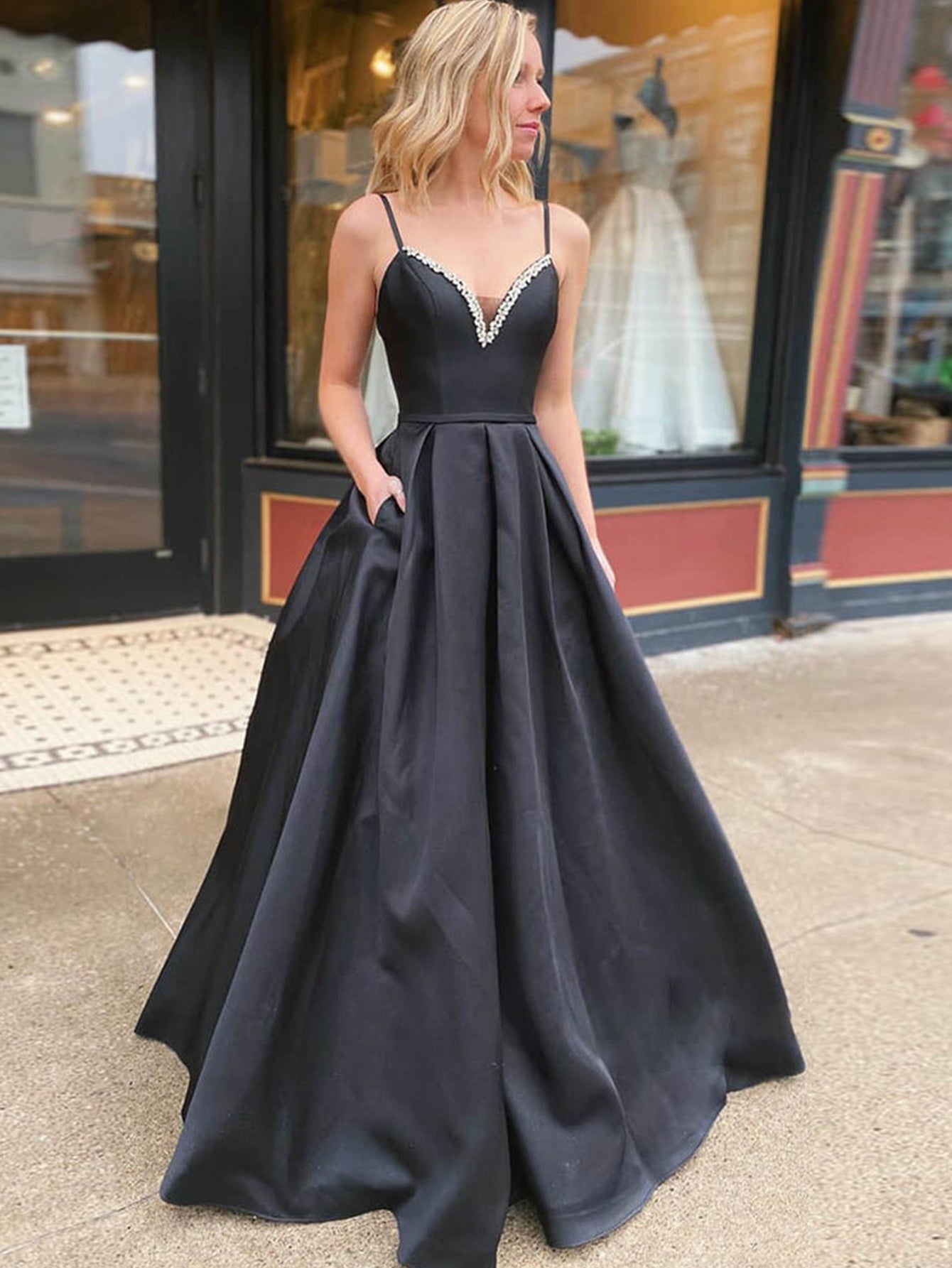 Leanna | A Line Black  V Neck Long Prom Dress