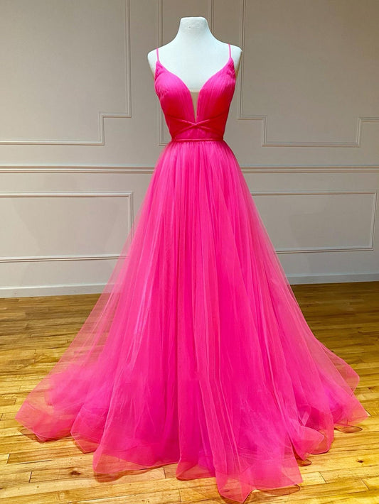 Pink Tulle A Line Ruffles Long Prom Dress