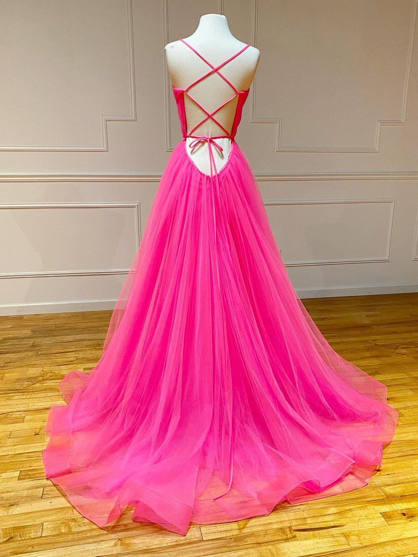 Pink Tulle A Line Ruffles Long Prom Dress