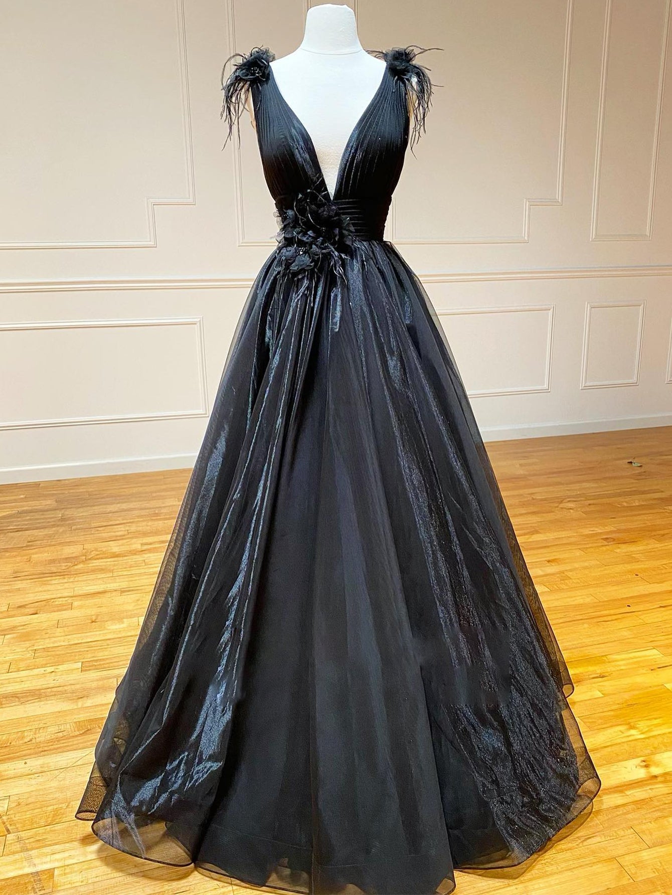 A Line Black V Neck Tulle Long Prom Dress