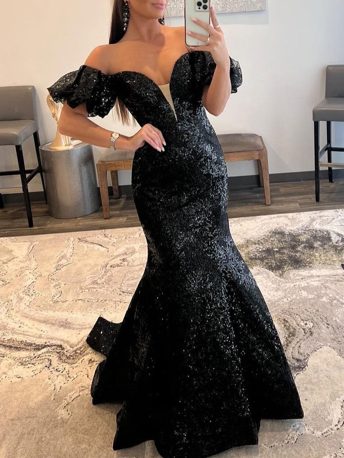 Black Strapless Sequins Long Mermaid Prom Dress