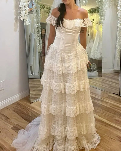 Wedding Dress Off The Shoulder A Line Lace Long Layered Formal Dresses         fg7127