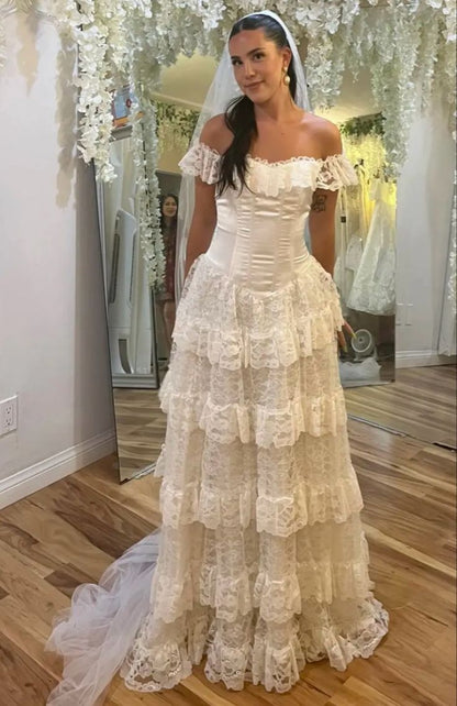 Wedding Dress Off The Shoulder A Line Lace Long Layered Formal Dresses         fg7127