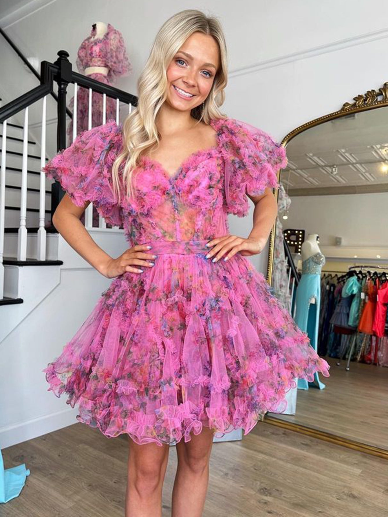 Ivana | Pink A Line Off the Shoulder Floral Printed Homecoming Dress