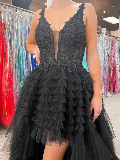 Black V Neck Asymmetrical Tulle Long Prom Dress