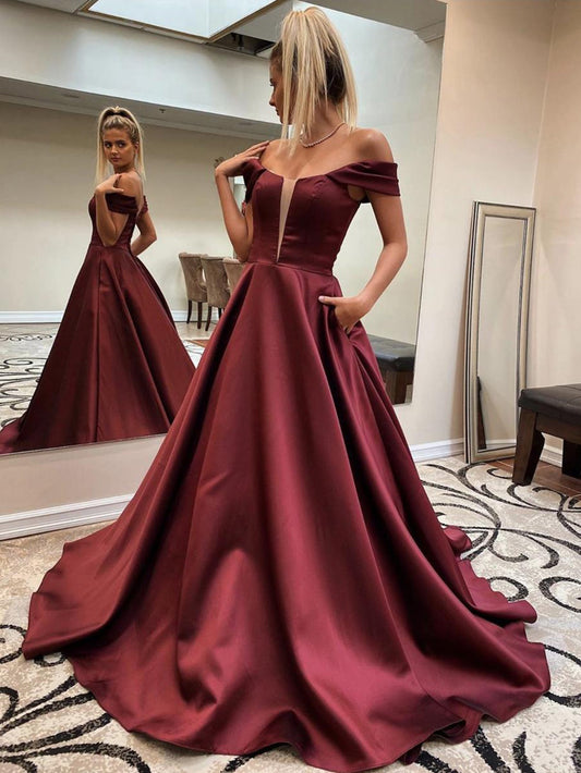 Dark Red A Line Off The Shoulder Long Prom Dress