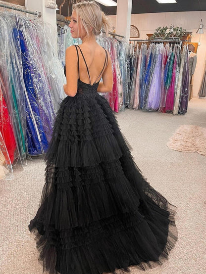 Black V Neck Asymmetrical Tulle Long Prom Dress