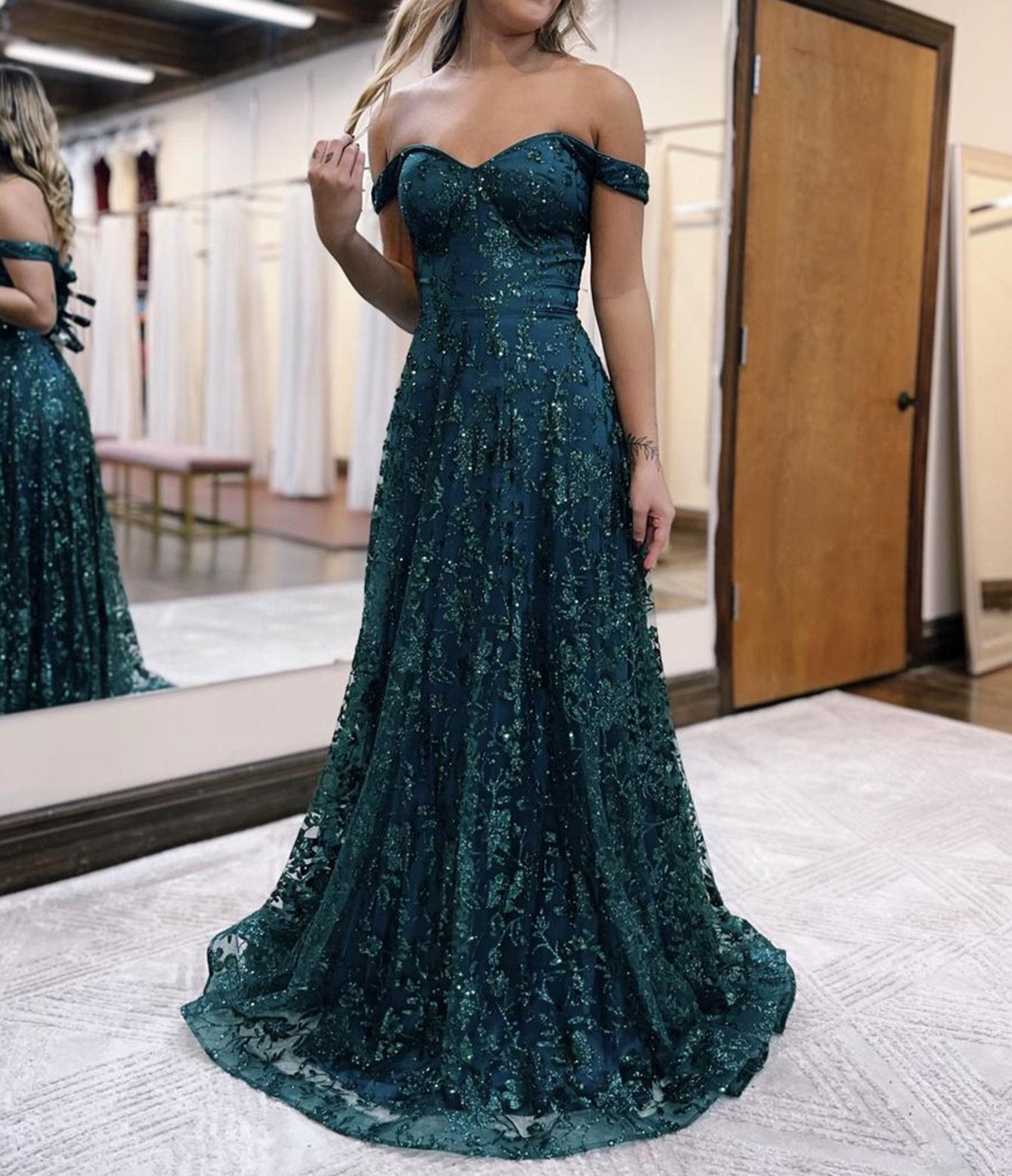 Glitter Mermaid Off The Shoulder Dark Green Long Prom Dress