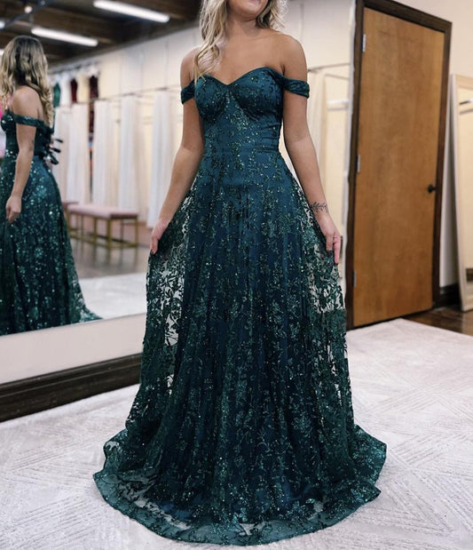 Glitter Mermaid Off The Shoulder Dark Green Long Prom Dress