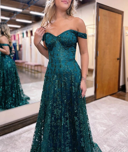 Glitter Mermaid Off The Shoulder Dark Green Long Prom Dress