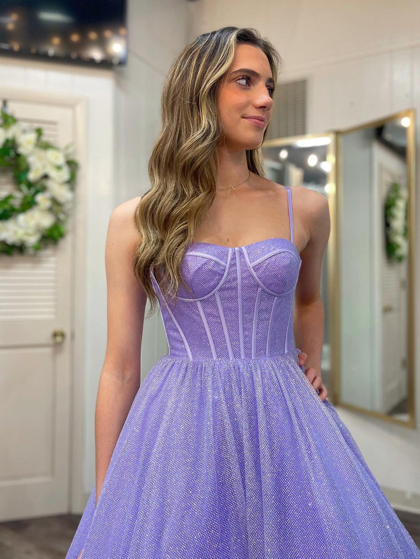 Julissa |A Line Glitter Tulle Prom Dress with Pockets