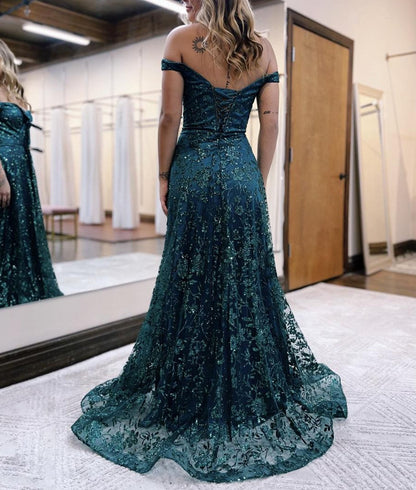 Glitter Mermaid Off The Shoulder Dark Green Long Prom Dress