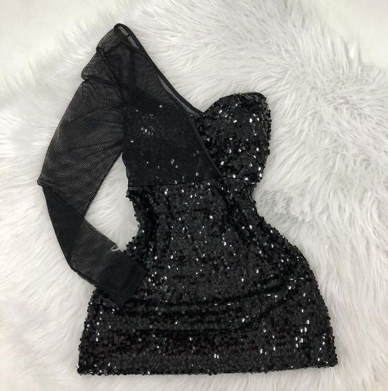 Black One Shoulder Sequins Mini Homecoming Dress        fg6299