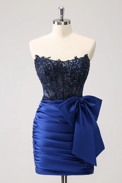 Tight Strapless Pleated Short Homecoming Dress with Bow      fg6263