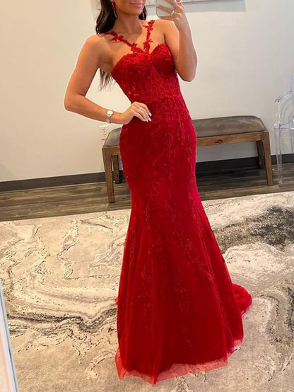 Morgan |Red Mermaid Halter Lace Mermaid Long Prom Dress