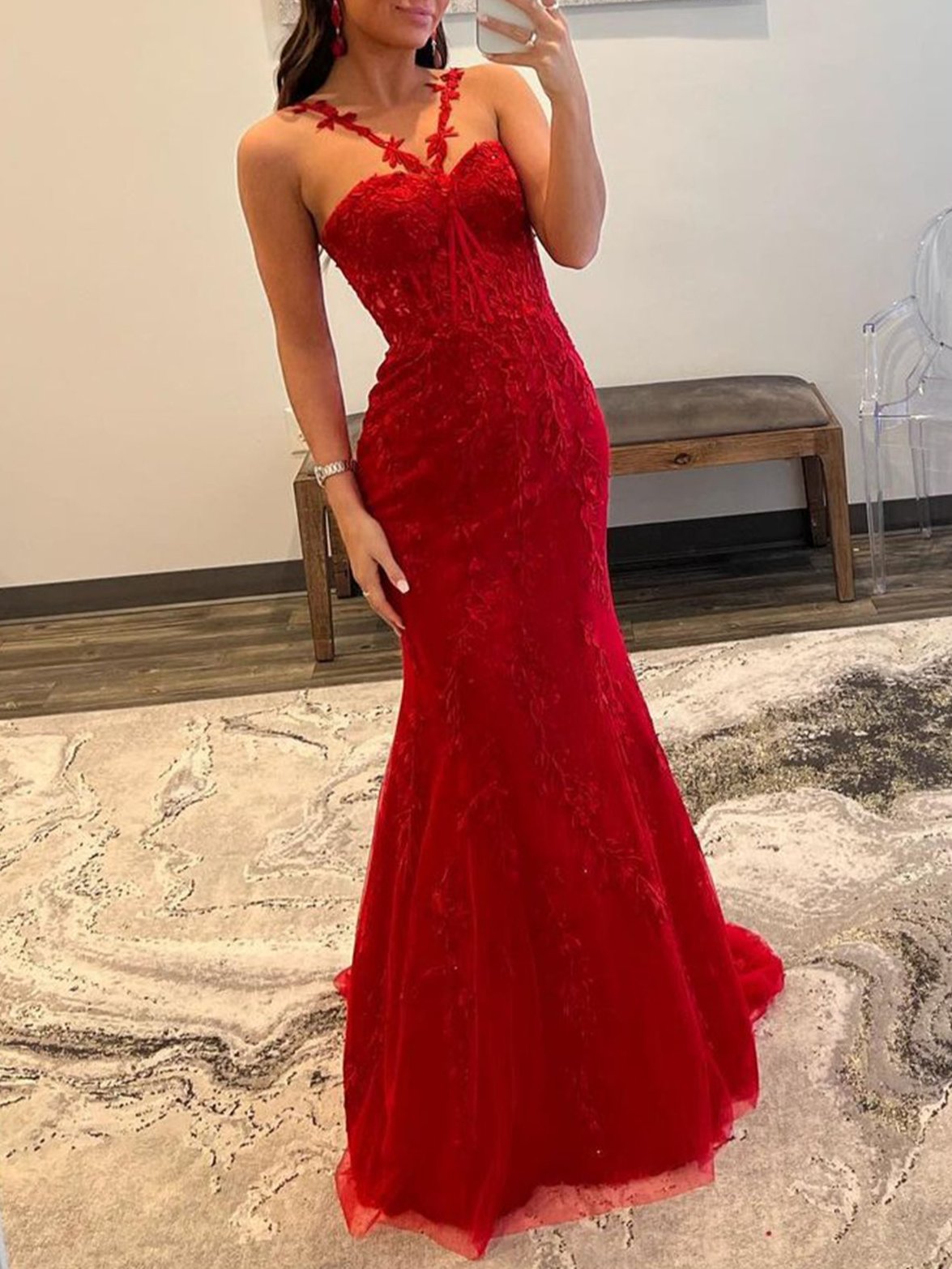 Morgan |Red Mermaid Halter Lace Mermaid Long Prom Dress