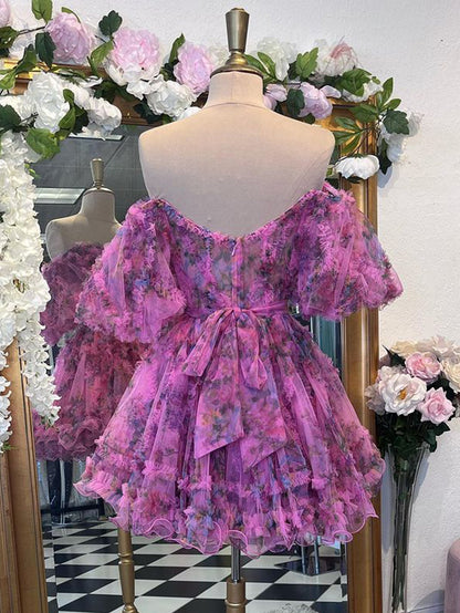 Ivana | Pink A Line Off the Shoulder Floral Printed Homecoming Dress