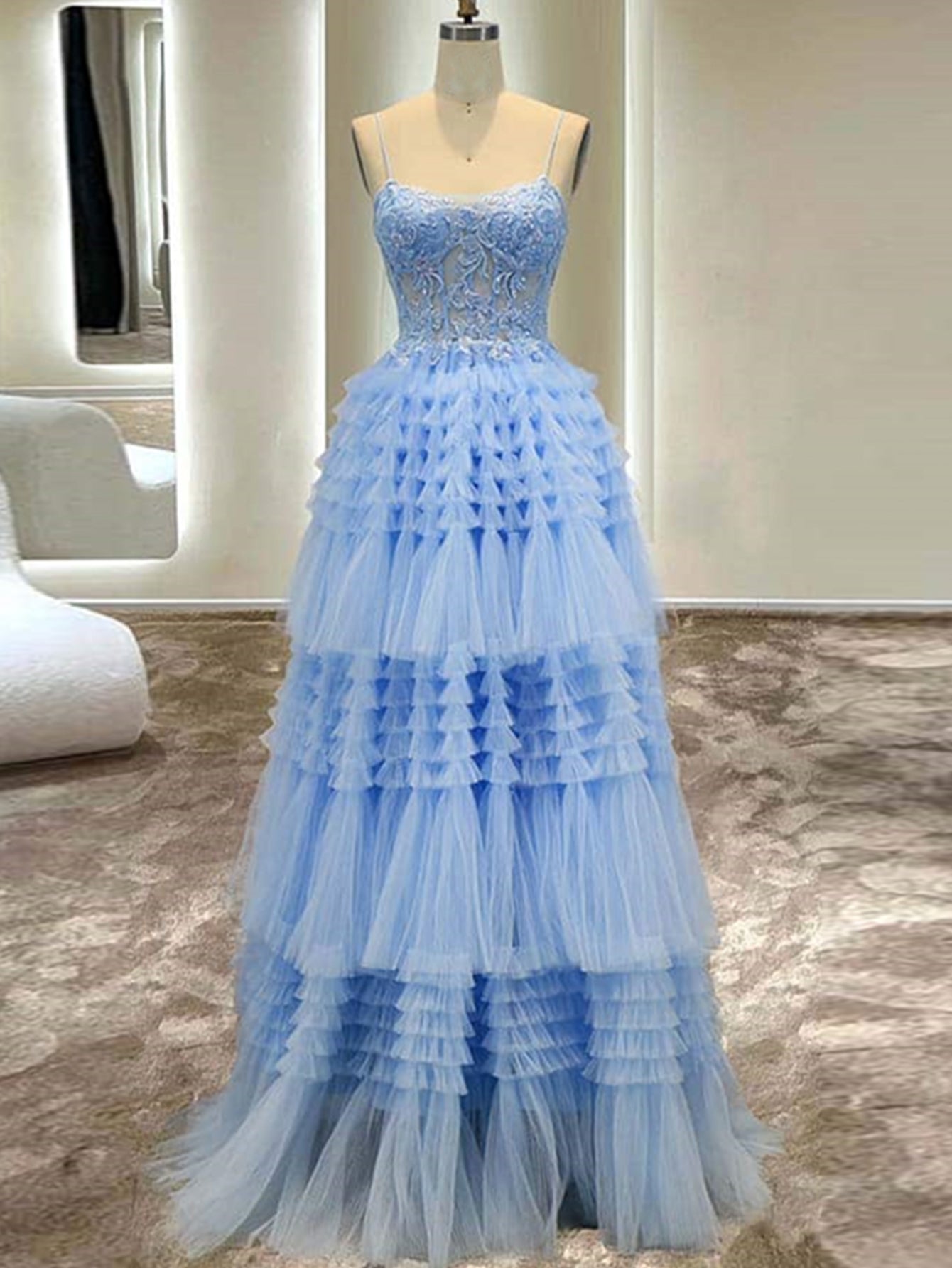 Presley |A-Line Spaghetti Straps Tulle Long Prom Dress