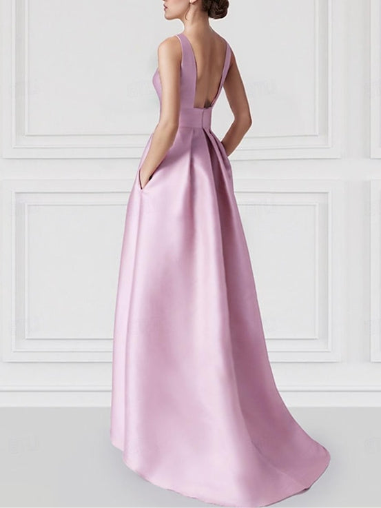 A-Line/Princess Boat Neck Sleeveless Floor-Length Prom Dresses with Pocket