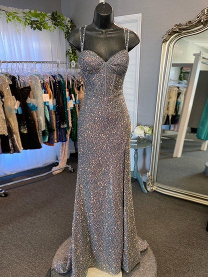 V Neck Grey Glitter Long Prom Dress With Slit