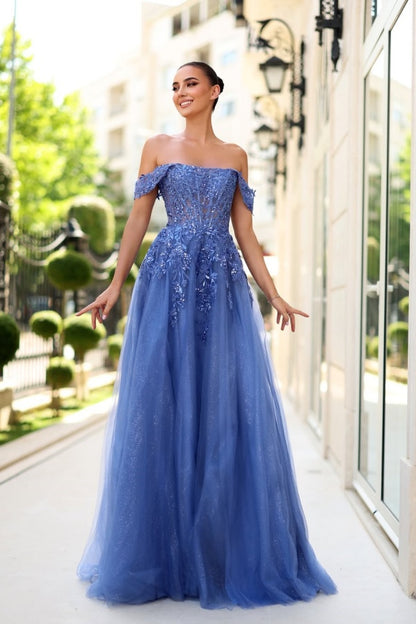 Dusty Blue Glittery Off-The-Shoulder Embroidery Prom Dress ZT0540