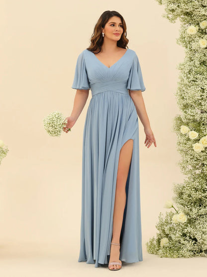 A-Line/Princess V-Neck Half Sleeves Chiffon Bridesmaid Dresses With Pockets & Split Side