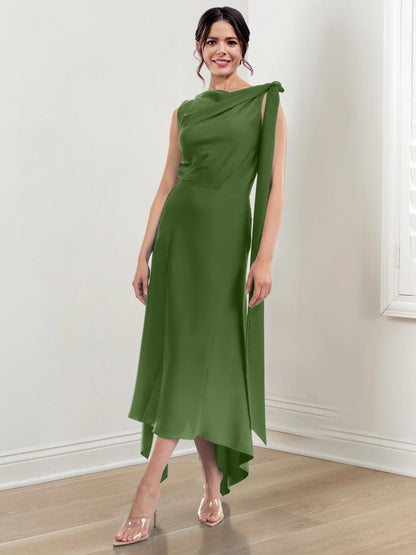 Sheath/Column Jewel Neck Tea-Length Asymmetrical Mother of the Bride Dresses with Ruched