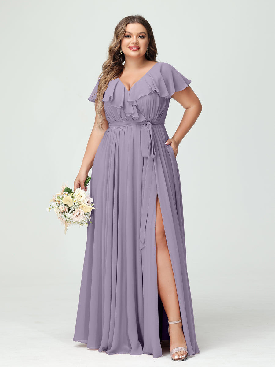 A-Line/Princess V-Neck Short Sleeves Chiffon Plus Size Bridesmaid Dresses With Pockets,Ruffles  ,Ruched & Split Side