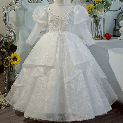 Sweetheart Long Sleeves Ball Gown Flower Girl Party Lace Dress with Crystal Appliques