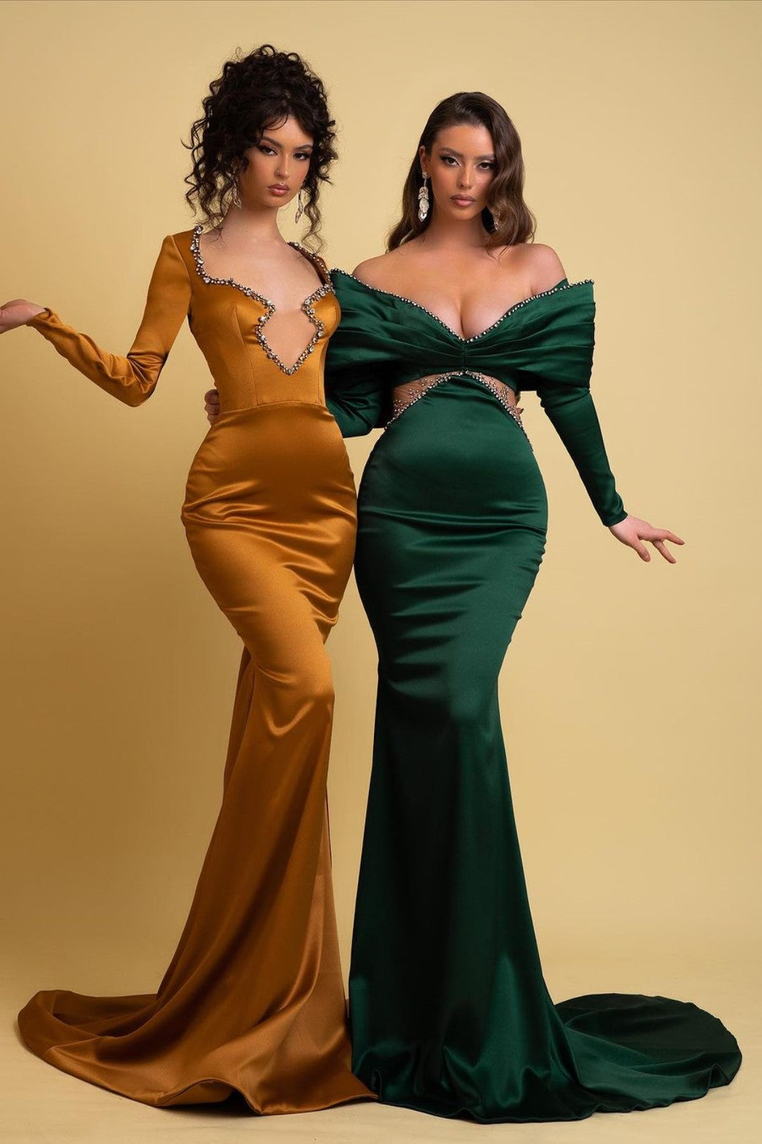 Emerald Green Prom Dress Off-the-shoulder Charmeuse V Neck Mermaid YL0265