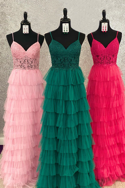 Aubree |Dark Green A-Line Tiered Tulle Long Prom Dress with Lace