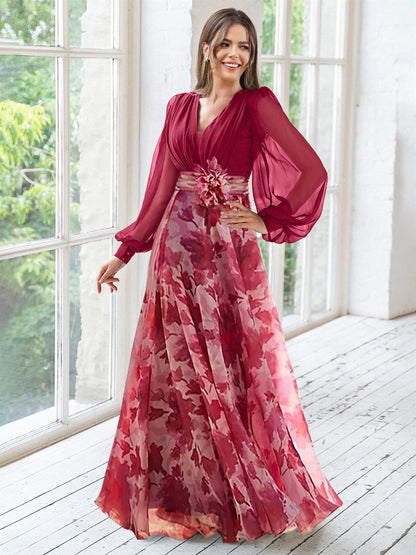 A Line/Princess V-Neck Long Sleeves Floor Length Floral Plus Size Mother of the Bride Dresses With Flower