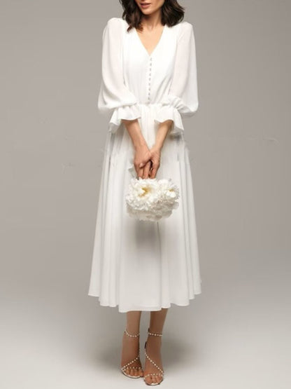 A-Line/Princess V-Neck Ruffle 3/4 Sleeves Tea Length Elegant Wedding Dress