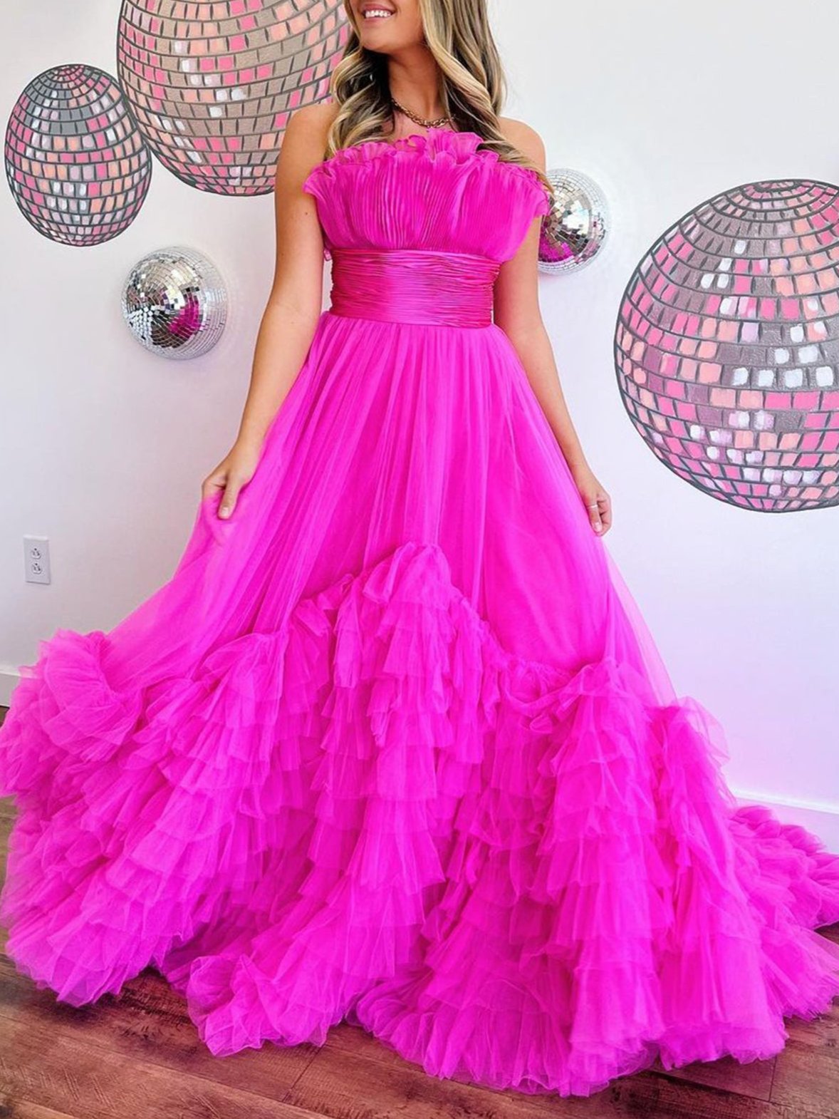 Alani |A-Line Strapless Pink Tiered Long Tulle Prom Dress