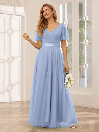 A-Line/Princess V-Neck Short Sleeves Floor-Length Long Bridesmaid Dresses with Lace