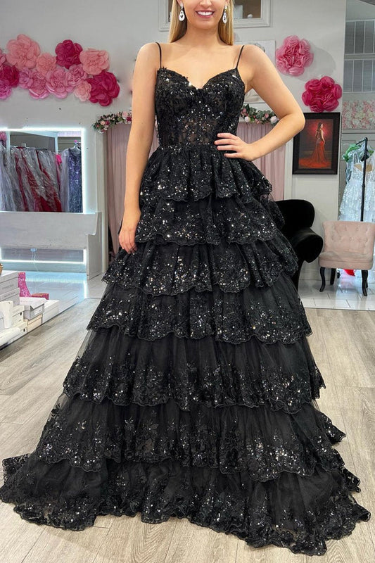 Maryam |A Line Spaghetti Straps Tiered Lace Prom Dress