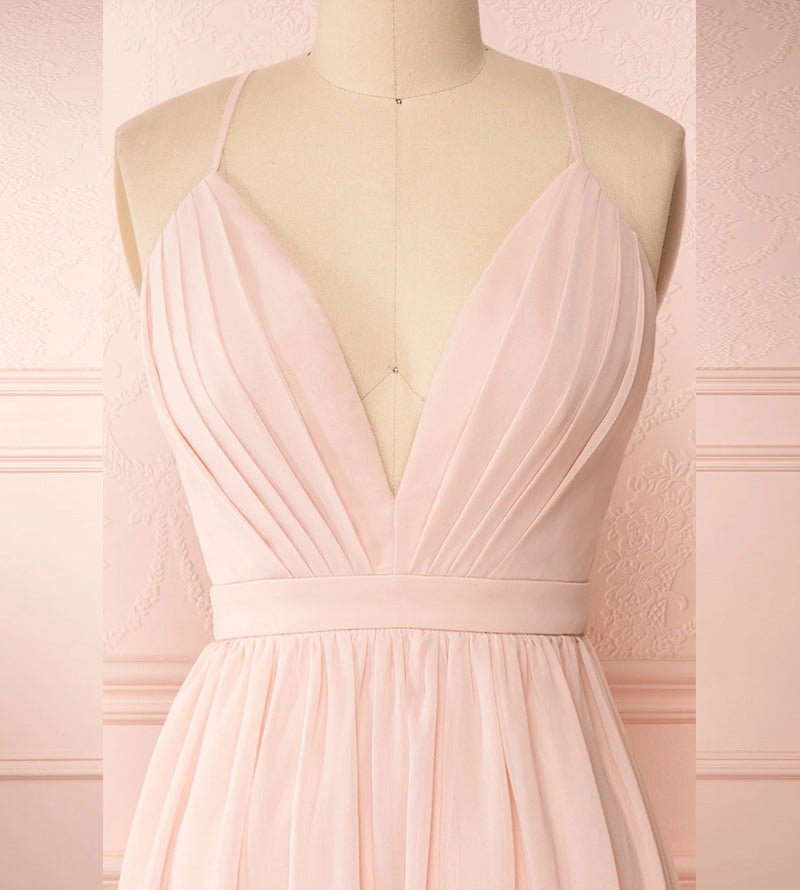 Pink v neck chiffon short prom dress  8178