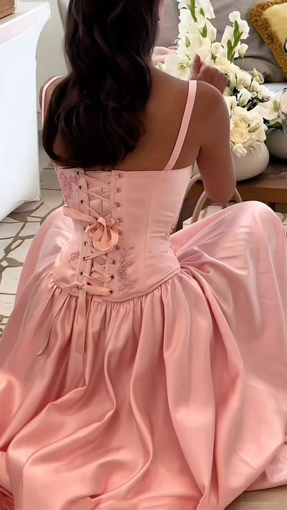 Pink Retro Elegant A-line Spaghetti Strap Satin Long Evening Dress Birthday Party Dress Bridesmaid Dress gh3199