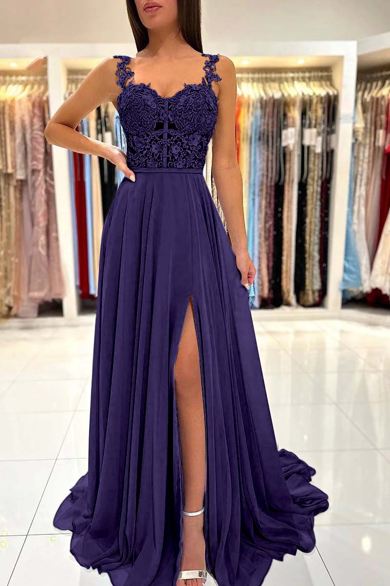 Baby Blue Sweetheart A Line Lace Long Prom Dress With Slit YL0034