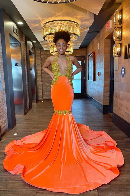 edgynewlook Sleeveless Orange Mermaid Elegant Prom Dress Appliques With Beads