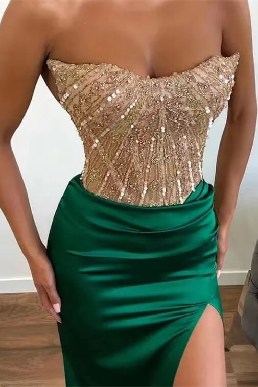 Strapless Green Beadings Mermaid Prom Dress Split With Applique ED0125