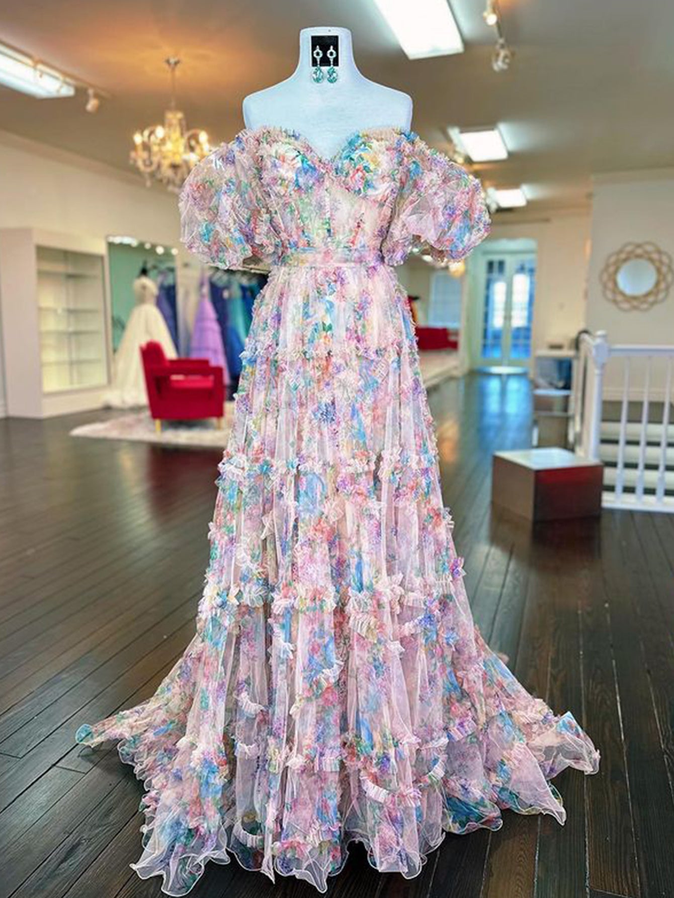 Sydney |A Line Sweetheart Printed Tulle Long Prom Dress