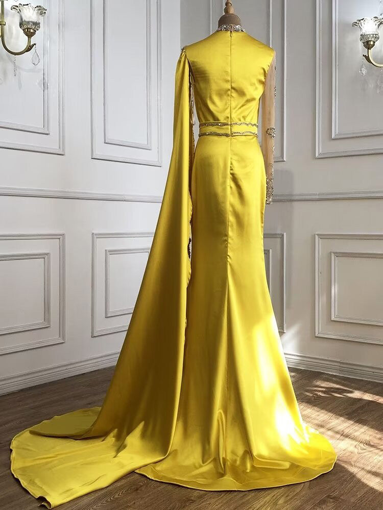 Okdais Shinning Yellow Bead Embroidery Mermaid Floor Length Prom Dress With Shawl LM0022