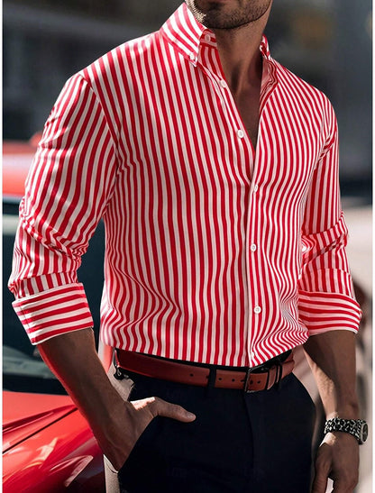 Men's Casual Cotton Blend Long Sleeves Stripes Shirt