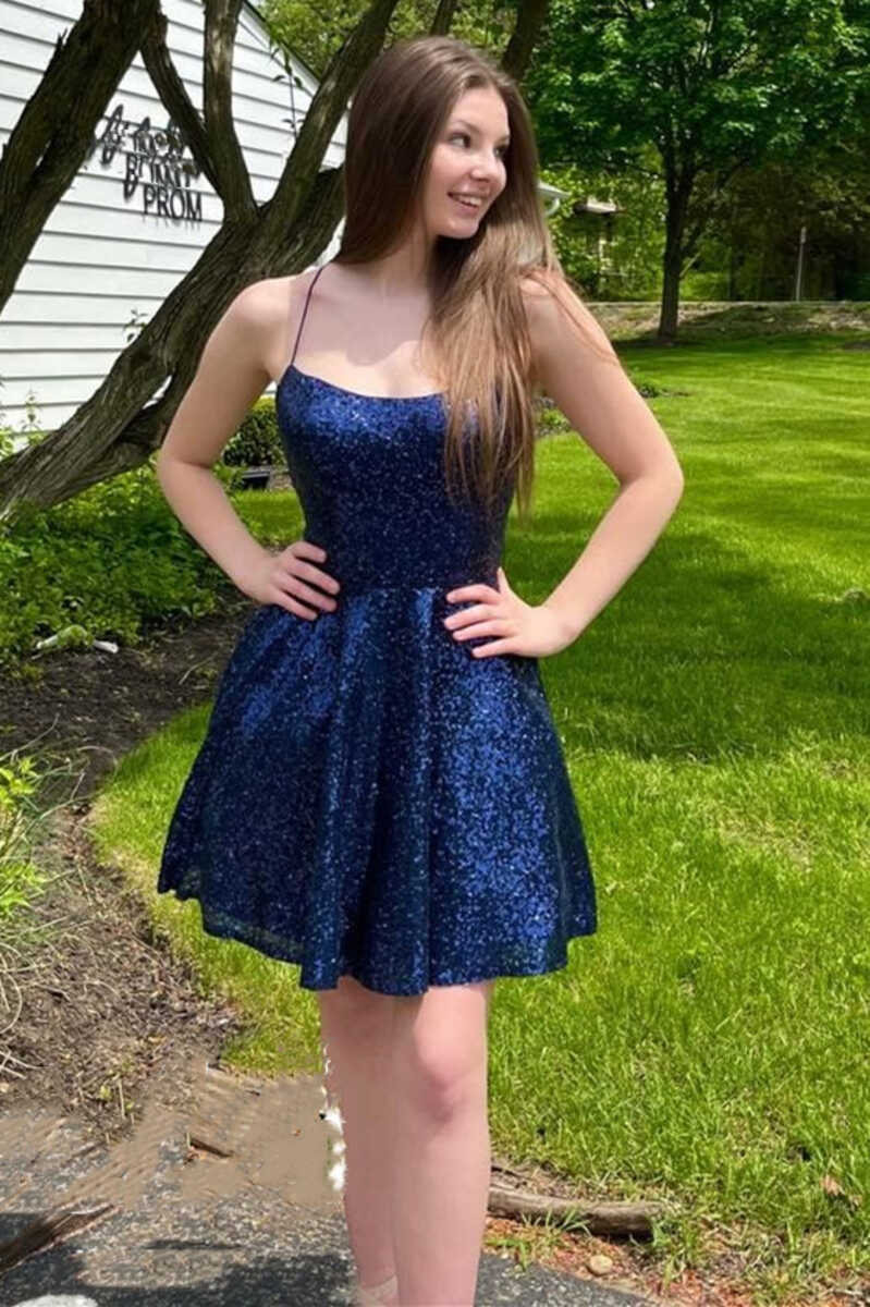 Dark Blue Sequins Spaghetti Straps A-Line Short Homecoming Dress  gh1369